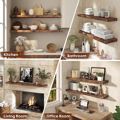 Live Edge Floating Shelves Set of 2, 24 Inch Solid Elm Wood Wall Shelves - Invisible Bracket Mount for Living Room, Bedroom, Kitchen, Bathroom | Vintage Rustic Decor