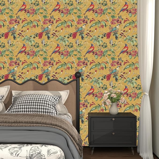 Yellow Boho Wallpaper Peel and Stick,Vintage Floral Bird Contact Paper, Retro Botanical Wall Paper Self Adhesive Removable Waterproof for Bedroom Walls Shelves Cabinet Table Decoration 17.5in x 118in