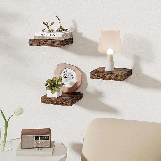 Fun Memories Small Floating Shelves for Wall - 8 Inch Square Wall Shelves with Invisible Brackets, Rustic Brown Shelves for Bathroom, Living Room, Bedroom, and Kitchen Decor, Set of 3