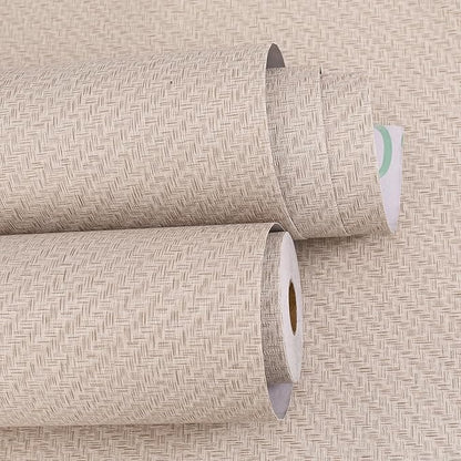 Haimin Fabric Wallpaper Textured Contact Paper (24in X 393in) Grasscloth Wallpaper Peel and Stick Faux Linen Wall Paper Waterproof Vinyl Self Adhesive (Light Brown-1)