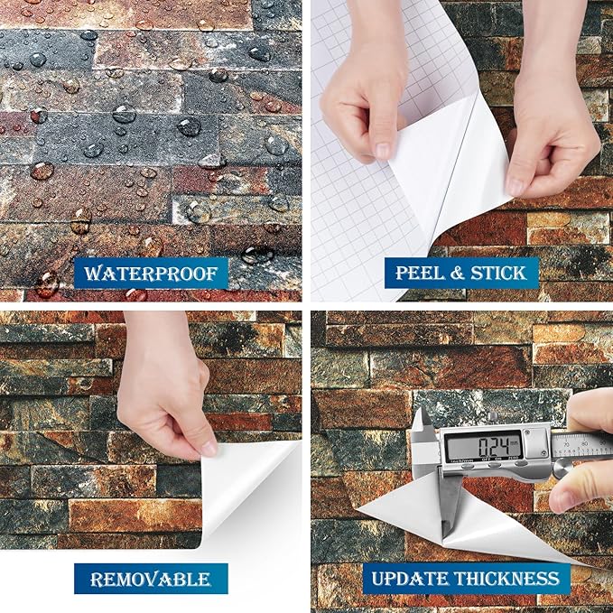 FunStick 15.8"x240" Retro Brick Peel and Stick Wallpaper Textured 3D Brown Red Blue Brick Contact Paper Peel and Stick Self Adhesive Wallpaper for Bathroom Kitchen Wall Panel Decor Cabinets Waterproof