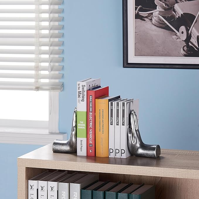 Danya B. Contemporary Accent Book Shelf Decor - Hands Sculpture Bookend Set of 2 (Silver)