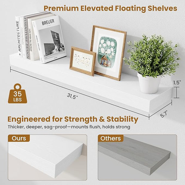 Fun Memories Bathroom Shelves 32 Inch Long Set of 2, Floating Shelves for Wall with Invisible Brackets, for Bedroom, Living Room, Kitchen, White