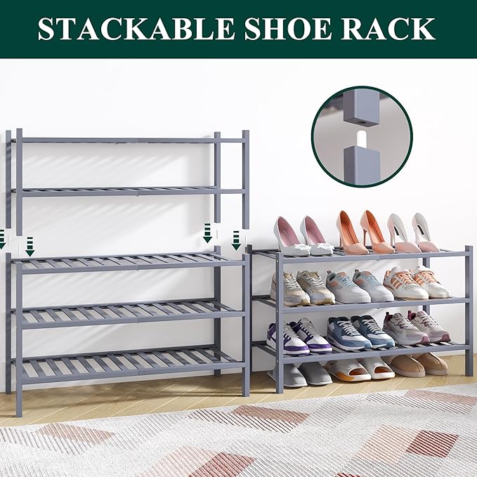 Smiry Bamboo Shoe Rack for Closet, 5 Tier Wooden Stackable Shoe Organizer, Free Standing Shoes Storage Shelf for Entryway, Front Door Entrance, Grey