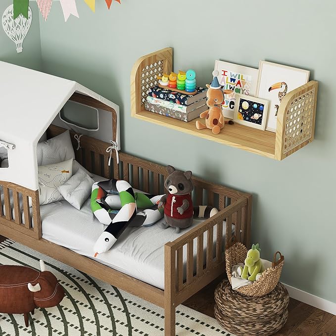 24 Inch Rattan Wall Shelf, Wooden Hanging Bookshelf Storage, Natural Cute Nursery Shelves Wall Mounted, Boho Decorative Floating Shelves for Kids Room, Living Room, Play Room, Bedroom