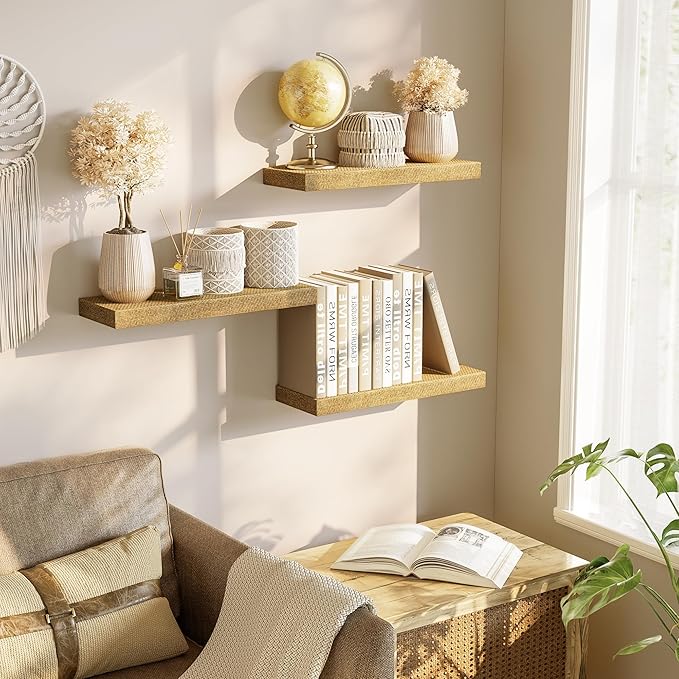 Alsonerbay Rattan Floating Shelves for Wall Set of 3, 15.7 Inch Wood Shelves Wall Mounted with Invisible Bracket for Bedroom Living Room Nursery and More
