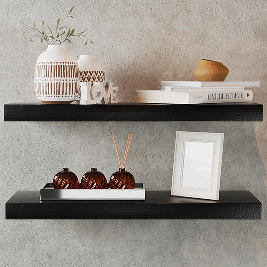 LA GRANGE RANGE® 23.6" Floating Shelves for Wall, 2X Pack, Wall Shelves for Storage & Décor, Perfect for Bathroom, Bedroom, Kitchen, Living Room, Natural Wood Finish with Hidden Bracket (Raven Black)