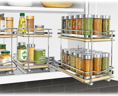 LYNK PROFESSIONAL® Élite™ Pull Out Spice Rack Organizer for Inside Kitchen Cabinets - 6-3/8 inch Wide - Slide Out Drawer – Wood/Chrome Sliding Spice Organization for cabinet - Spice Racks - 2 Tier