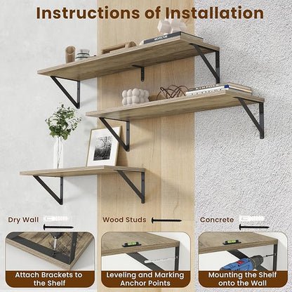 Deep Floating Shelves for Wall,36Wx8D Wall Mounted Shelves Set of 2,Wall Storage Floating Shelf with Sturdy Metal Brackets for Living Room,Bathroom,Kitchen,Office,Grey
