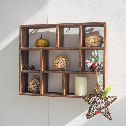 SOFE Small Brown Wood Shadow Box with Shelves, 3 Tier Wall Shelving Unit, 9-Compartment Wall Mounted Curio Cabinet, Knick Knack Display Shelf, Floating Cube Shelves for Walls, Shot Glass Display Case