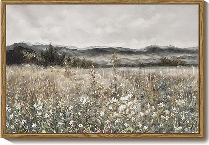 SHENIFY 16x24in Large Vintage Landscape Framed Canvas Wall Art Prairie in Full Bloom Classic Painting Modern Farmhouse Bathroom Office Decor - Natural Framed