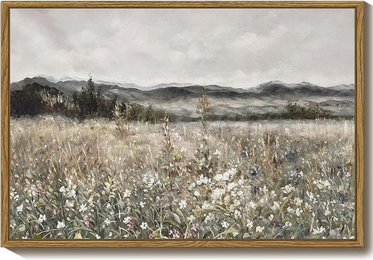 SHENIFY 16x24in Large Vintage Landscape Framed Canvas Wall Art Prairie in Full Bloom Classic Painting Modern Farmhouse Bathroom Office Decor - Natural Framed