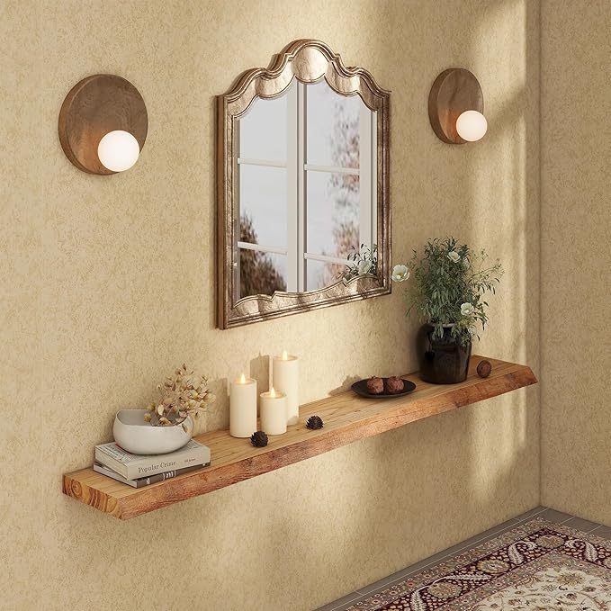 fuqing Live Edge Floating Shelves for Wall 72 Inch - 9 Inch Deep Rustic Solid Elm Wood Floating Wall Shelves - Natural Wooden Shelves with Heavy Duty Brackets and Anchors
