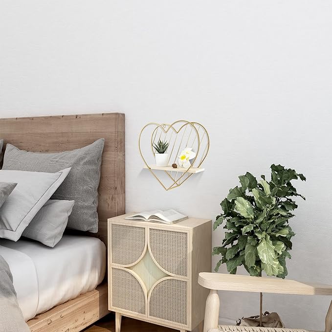 Afuly Floating Shelf Wall Mounted Gold Heart Shaped Hanging Shelves for Wall Modern Minimalist Shelf Storage Organizer Rack for Bedroom Living Room Nursery Room Decor Christmas