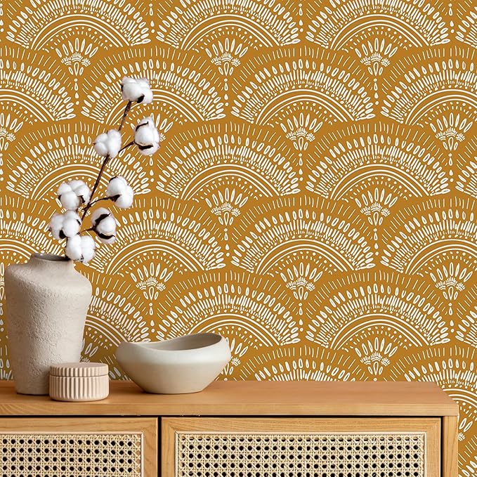 VEELIKE Mustard Yellow Geometric Peel and Stick Wallpaper Boho Geometric Wallpaper Removable 17.7''x118'' Renter Friendly Art Deco Wallpaper Peel and Stick for Bedroom Bathroom Accent Walls Cabinets
