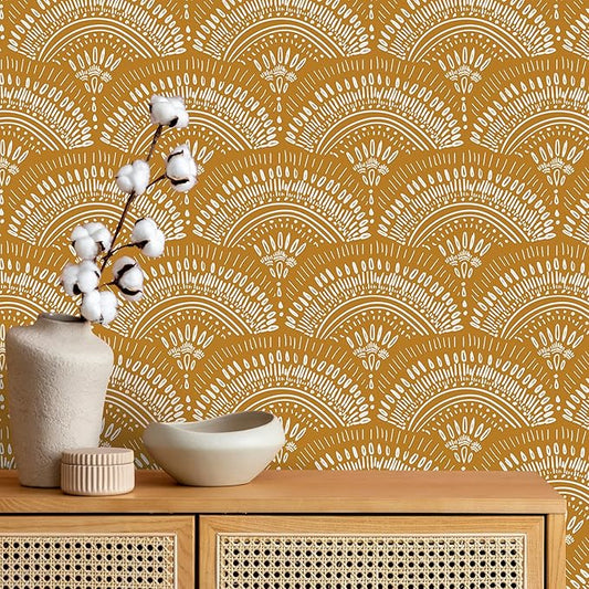VEELIKE Mustard Yellow Geometric Peel and Stick Wallpaper Boho Geometric Wallpaper Removable 17.7''x118'' Renter Friendly Art Deco Wallpaper Peel and Stick for Bedroom Bathroom Accent Walls Cabinets