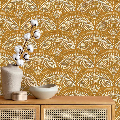 VEELIKE Mustard Yellow Geometric Wallpaper Peel and Stick Boho Wallpaper for Bedroom Bathroom Nursery 17.7''x354'' Removable Yellow Art Deco Wallpaper Renter Friendly Adhesive Contact Paper for Walls