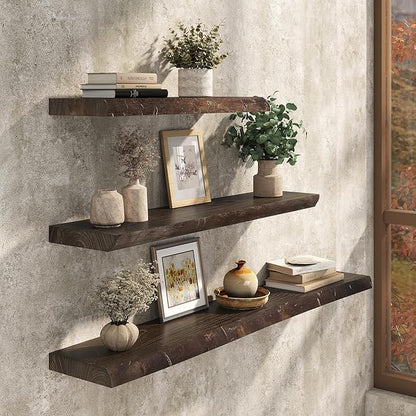 Floating Shelves Set of 2, Solid Elm Wood Wall Shelves 32 Inch - Invisible Bracket Mount for Living Room, Bedroom, Kitchen, Bathroom - Natural