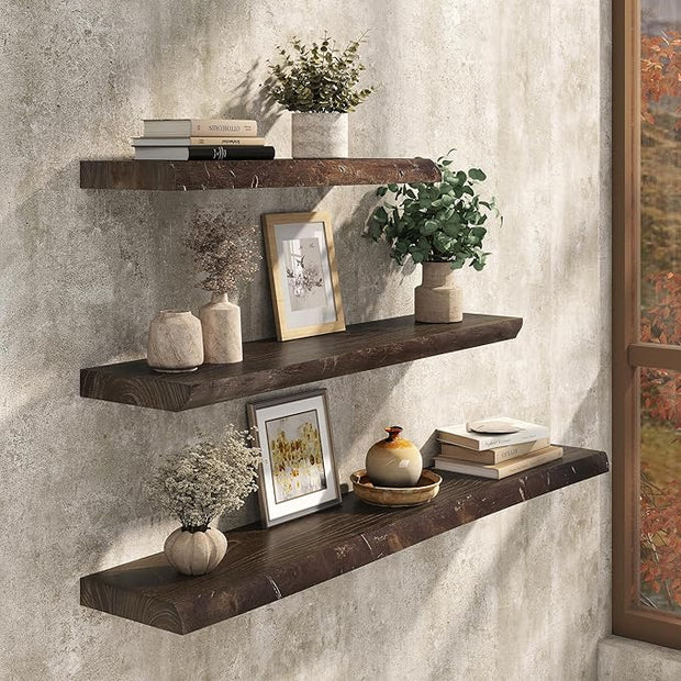 Live Edge Floating Shelf, 40 Inch Rustic Solid Elm Wood - Walnut Brown Finish with Invisible Brackets, Wall Mounted for Living Room, Kitchen, Bathroom