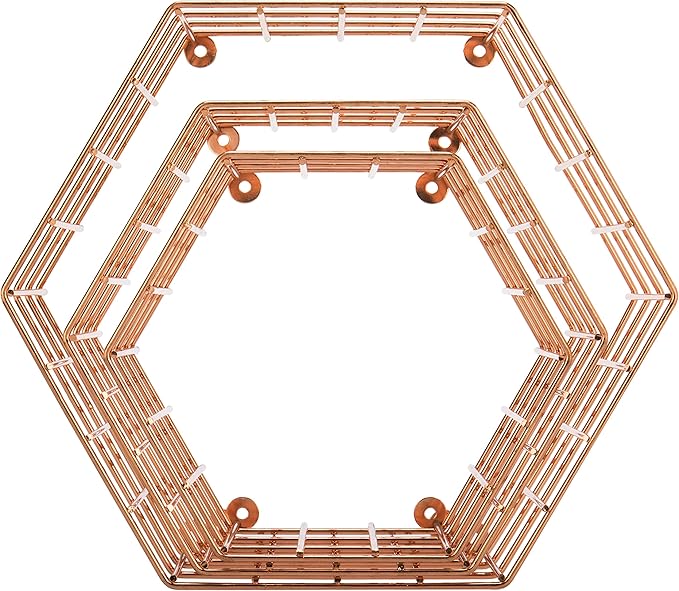 MyGift Copper Floating Hexagon Shelves, Hexagonal Copper-Tone Wire Wall-Mounted Hanging Shelf, Set of 3
