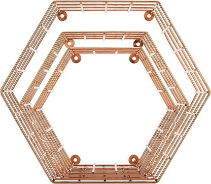 MyGift Copper Floating Hexagon Shelves, Hexagonal Copper-Tone Wire Wall-Mounted Hanging Shelf, Set of 3