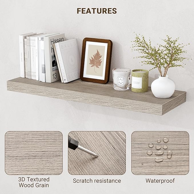 36 Inch Floating Shelves, 3D Textured Wood Grain, 36