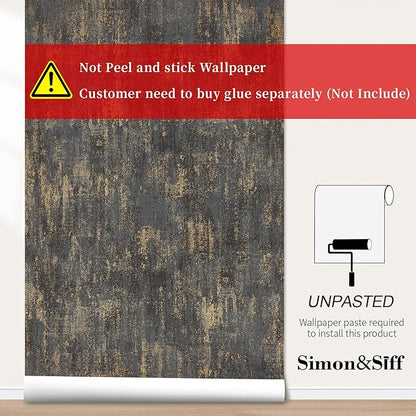 Simon&Siff Black and Gold Textured Wallpaper Distressed Industrial Metallic Wallpaper 17.3in x 39.4ft Non Woven Wall Paper for Bedroom Livingroom 3D Embossed Traditional Wall Paper Non-Pasted