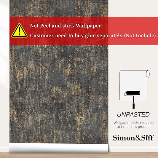 Simon&Siff Black and Gold Textured Wallpaper Distressed Industrial Metallic Wallpaper 17.3in x 39.4ft Non Woven Wall Paper for Bedroom Livingroom 3D Embossed Traditional Wall Paper Non-Pasted