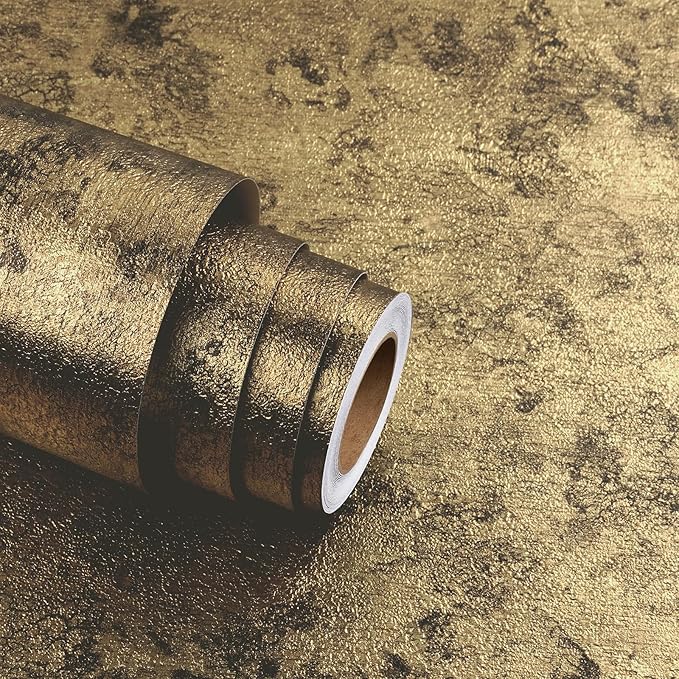 Stickyart 24"x160" Distressed Metallic Gold Peel and Stick Wallpaper Self Adhesive Crackle Textured Metal Contact Paper for Cabinets Removable Retro Dark Gold Contact Paper for Shelf Furniture