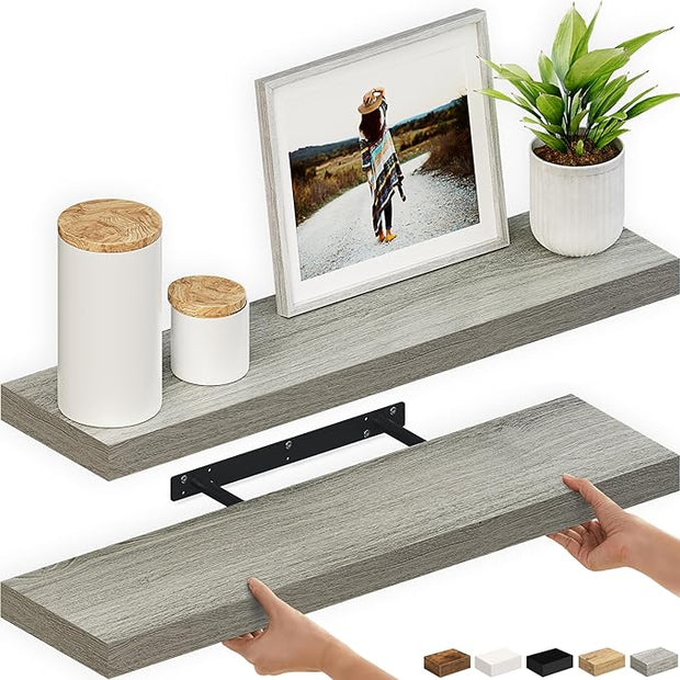 Ballucci Floating Shelves, 36" Wood Wall Shelf Set of 2, with Invisible Brackets for Bathroom, Living Room, Bedroom, Kitchen, Nursery, 6" Deep, Rustic Gray
