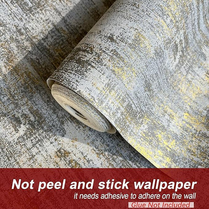 Zeeko Vintage Textured Wallpaper 17.3"x 472" Distressed Metallic Grey/White/Gold Vintage Metallic Concrete Wallpaper Modern Non Woven (Non-Pasted) Industrial Style Need Adhesive