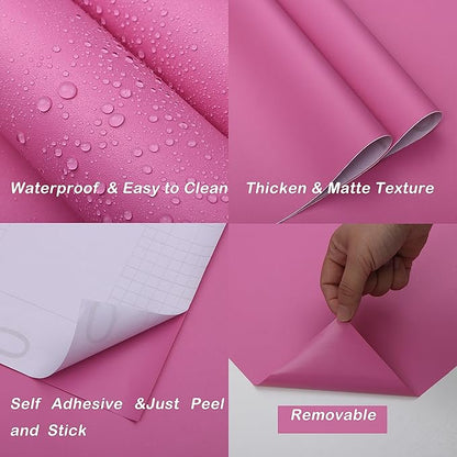 15.7"x197" Pink Peel and Stick Wallpaper Solid Color Pink Wallpaper Contact Paper for Cabinets Self-Adhesive Removable Wallpaper for Girls Bedroom Kids Room Decor Vinyl Roll Matte