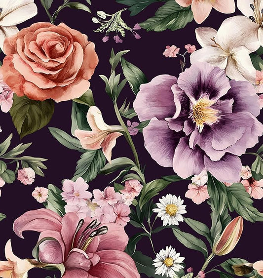 Purple Vintage Floral Wallpaper Peel and Stick Red Rose Peony Flowers Contact Paper 17.5" x 118" Wall Paper Self Adhesive Waterproof Removable for Room Shelves Cabinet Drawer Table Decor