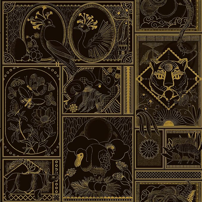 Black and Gold Wallpaper Peel and Stick Vintage Wall Paper Removable Waterproof Animal Print Contact Paper for Bedroom, Bathroom, Home Wall 17.3" x 118"