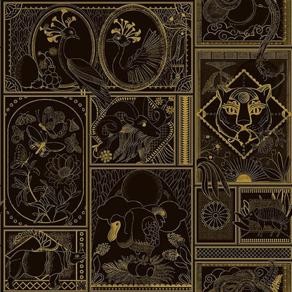 Black and Gold Wallpaper Peel and Stick Vintage Wall Paper Removable Waterproof Animal Print Contact Paper for Bedroom, Bathroom, Home Wall 17.3" x 118"