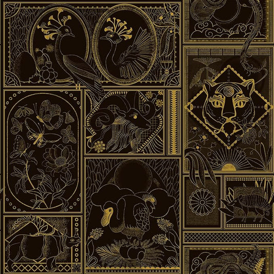 Black and Gold Wallpaper Peel and Stick Vintage Wall Paper Removable Waterproof Animal Print Contact Paper for Bedroom, Bathroom, Home Wall 17.3" x 118"