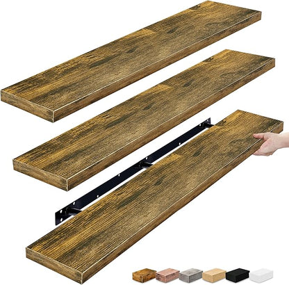 Sorbus Floating Shelves for Wall - 55 Inch Extra-Long Bathroom Shelves, Wall Decor for Bedroom, Kitchen, Living Room, Book Storage - Mounted Floating Shelf with Hidden Brackets (Rustic Brown, 3 Pack)