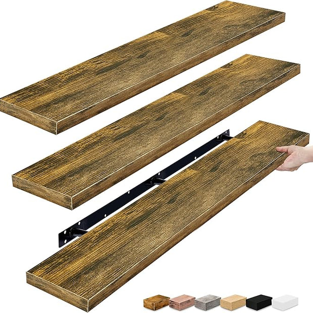Sorbus Floating Shelves for Wall - 55 Inch Extra-Long Bathroom Shelves, Wall Decor for Bedroom, Kitchen, Living Room, Book Storage - Mounted Floating Shelf with Hidden Brackets (Rustic Brown, 3 Pack)