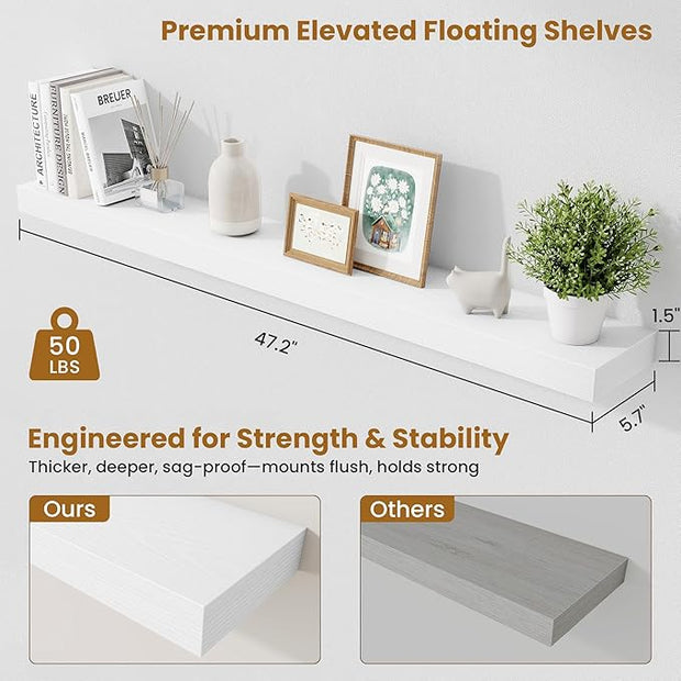 Fun Memories Floating Shelves 48 Inch, Extra Large Wood Shelf Set of 2, Hanging Wall Shelves for Bathroom, Living Room, Kitchen, Bedroom, White