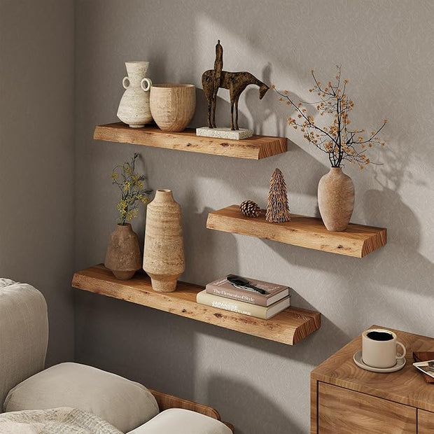 Marsmiles 30 inch Floating Shelves for Wall Elm Wood Live Edge Shelves|Rustic Wall Shelves with Invisible Heavy-Duty Bracket for Bathroom Living Room Kitchen|Natural, 2 Pack