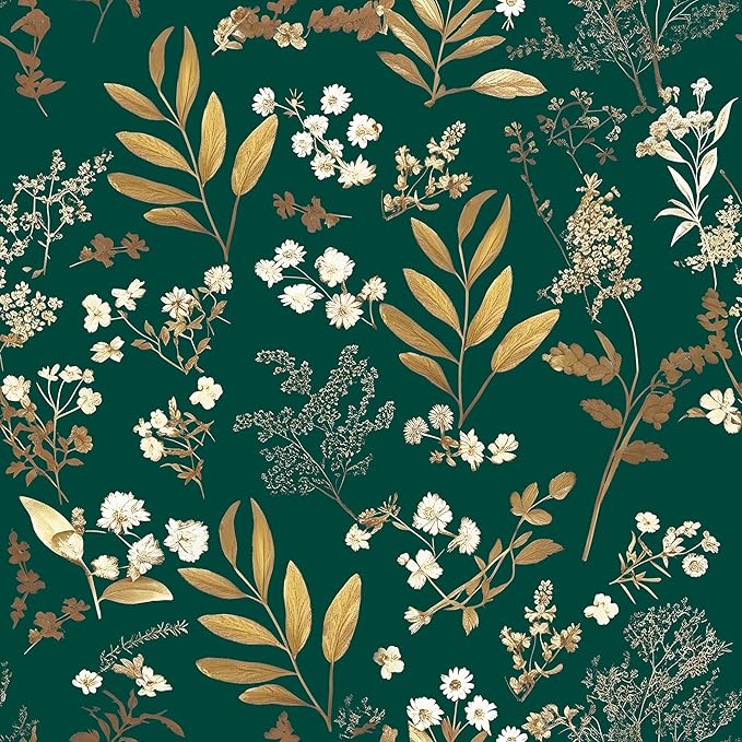 Dark Green Floral Wallpaper Peel and Stick Green Golden Leaf Wallpaper Vintage Floral Contact Paper Waterproof Self Adhesive Boho Delicate Wall Paper for Cabinet Rooms Desk Locker 17.5in x32.8ft
