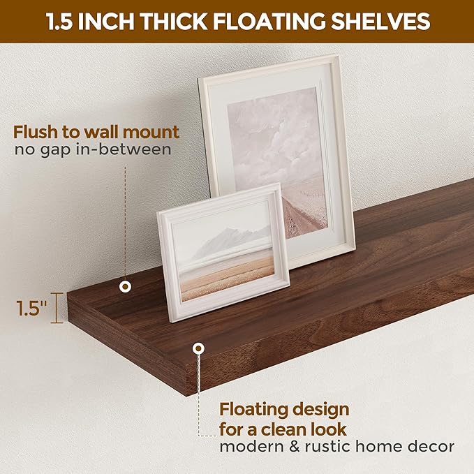 Fun Memories 16 Inch Long Floating Shelves, 9.3 Inch Deep Floating Shelf for Wall, Living Room, Kitchen, Rustic Deep Wood Shelves for Bathroom, 2 Pack Storage Display Shelf for Books, Decor, Walnut