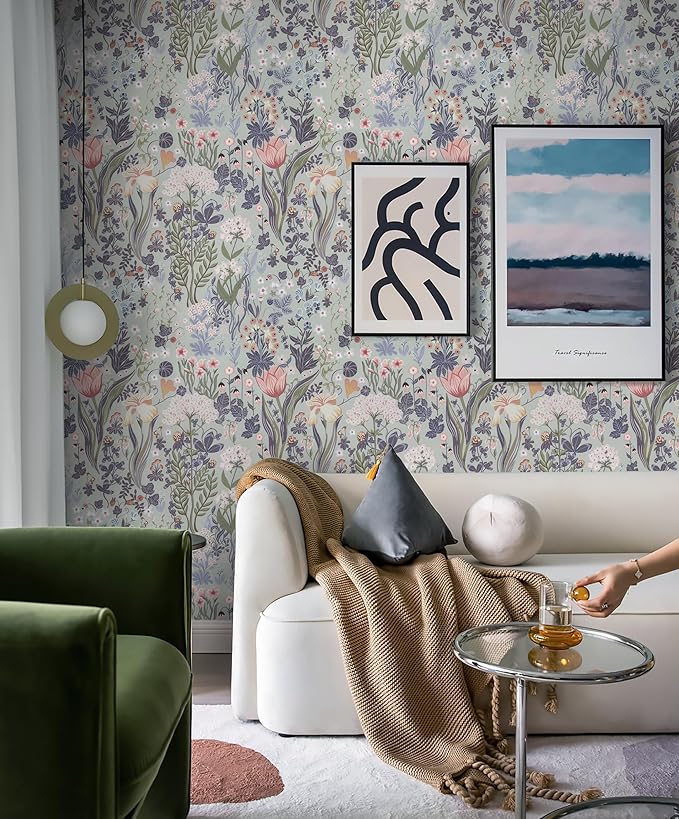 Peel and Stick Wallpaper Vintage Gray Purple Wallpaper Floral Contact Paper Removable 17.3