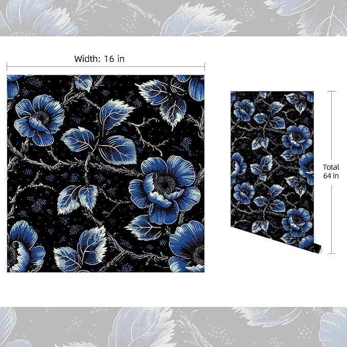 FLFK Black Wallpaper Peel and Stick Dark Blue Floral Wallpaper 16