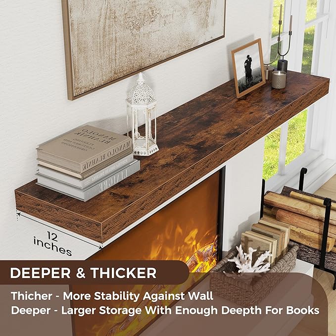 Floating Shelves for Wall, 72 Inch Wide x 12 Inch Deep Floating Shelves, Long Wood Floating Wall Shelf Shelves for Living Room Bathroom Bedroom Kitchen Home - (Brown, 72