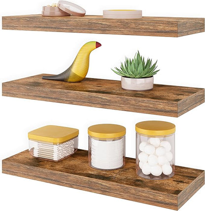 Ballucci Floating Shelves, 16" Wood Wall Shelf Set of 3, Invisible Brackets Floating Shelf for Wall Decor Living Room, Bathroom, Bedroom, Kitchen, 6" Depth, Rustic Brown