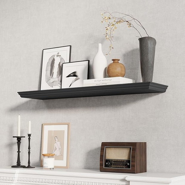 Fun Memories Floating Shelves 40 Inch Long, 9.3 Inch Deep Classic Crown Molding Floating Shelves for Wall, Rustic Wooden Shelves for Wall Decor Bathroom, Kitchen, Office, (Black, 1Pack)