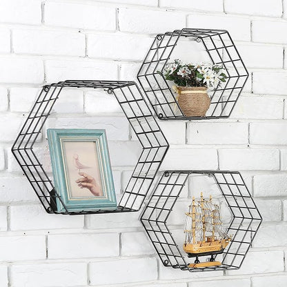 MyGift Black Metal Wall Mounted Crystal Display Shelf, Modern Wire Decorative Floating Shelves for Bedroom Living Room Office, Set of 3
