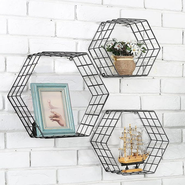 MyGift Black Metal Wall Mounted Crystal Display Shelf, Modern Wire Decorative Floating Shelves for Bedroom Living Room Office, Set of 3