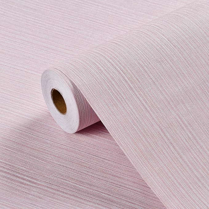 Haimin Grasscloth Wallpaper Textured 24in X 393in Fabric Contact Paper Pink Wall Paper Textured Linen Peel and Stick Self-Adhesive Thick Vinyl Embossed Film Wallpaper (Pink)